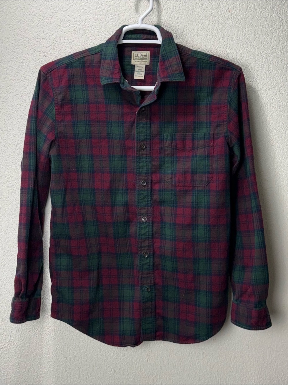 LL Bean Slightly Fitted Flannel Shirt Mens Medium Red Green Plaid Cabin Gorpcore